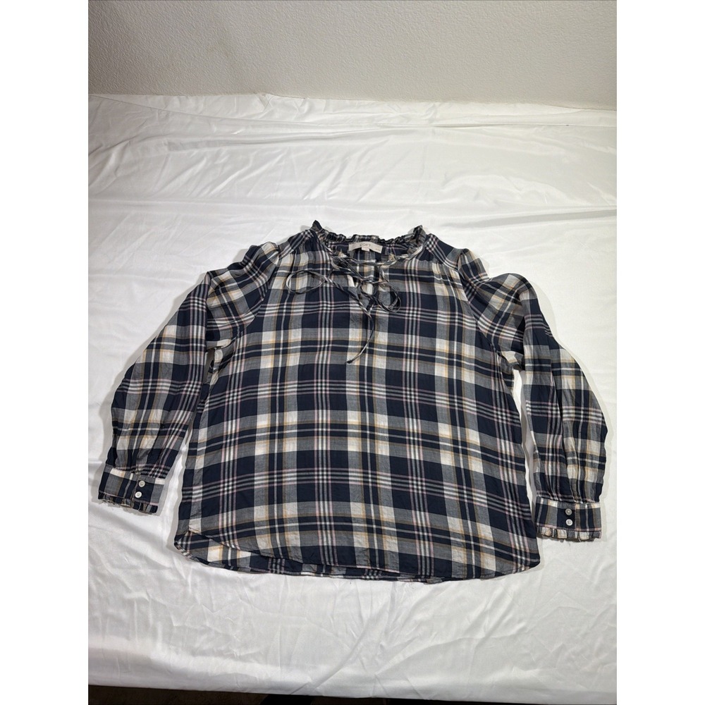 LOFT Plaid Peasant Blouse Navy Pink White Ruffle Tie V-Neck Top Petite Large PL